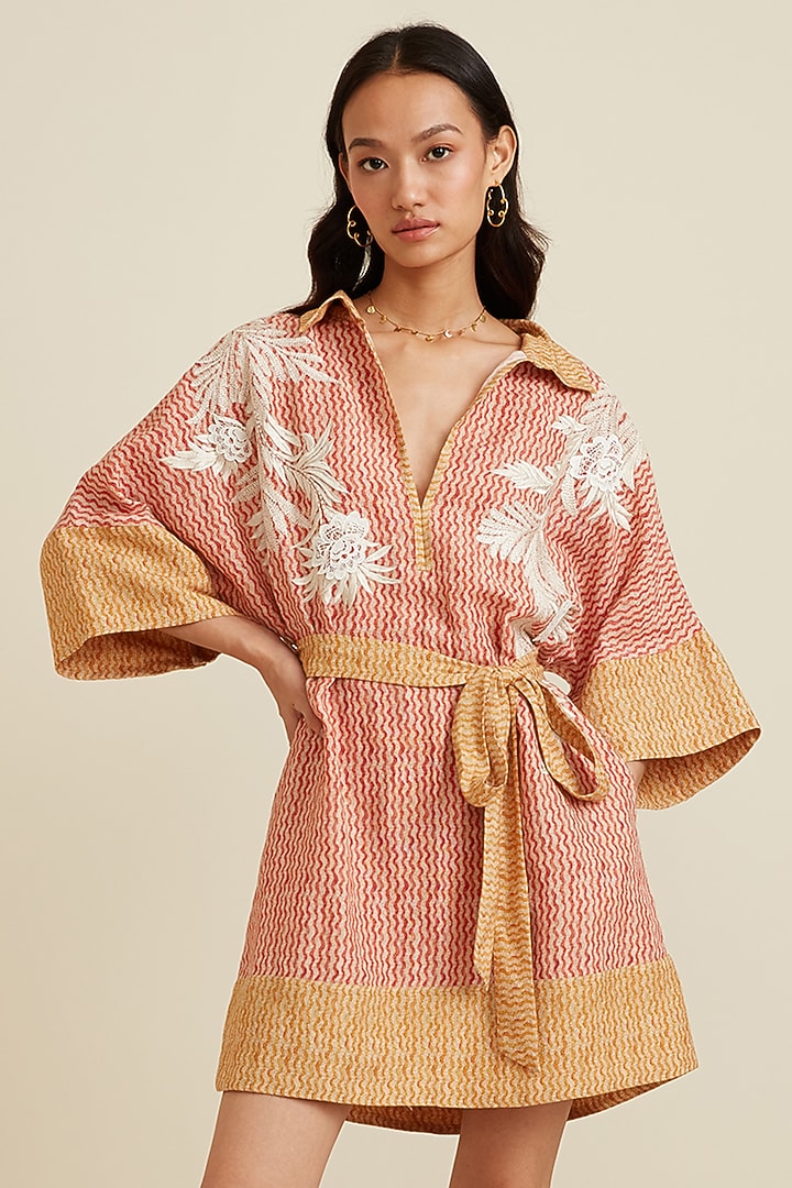 Red Viscose Linen Printed & Embroidered Kimono Summer Dress by Ranna Gill at Pernia's Pop Up Shop