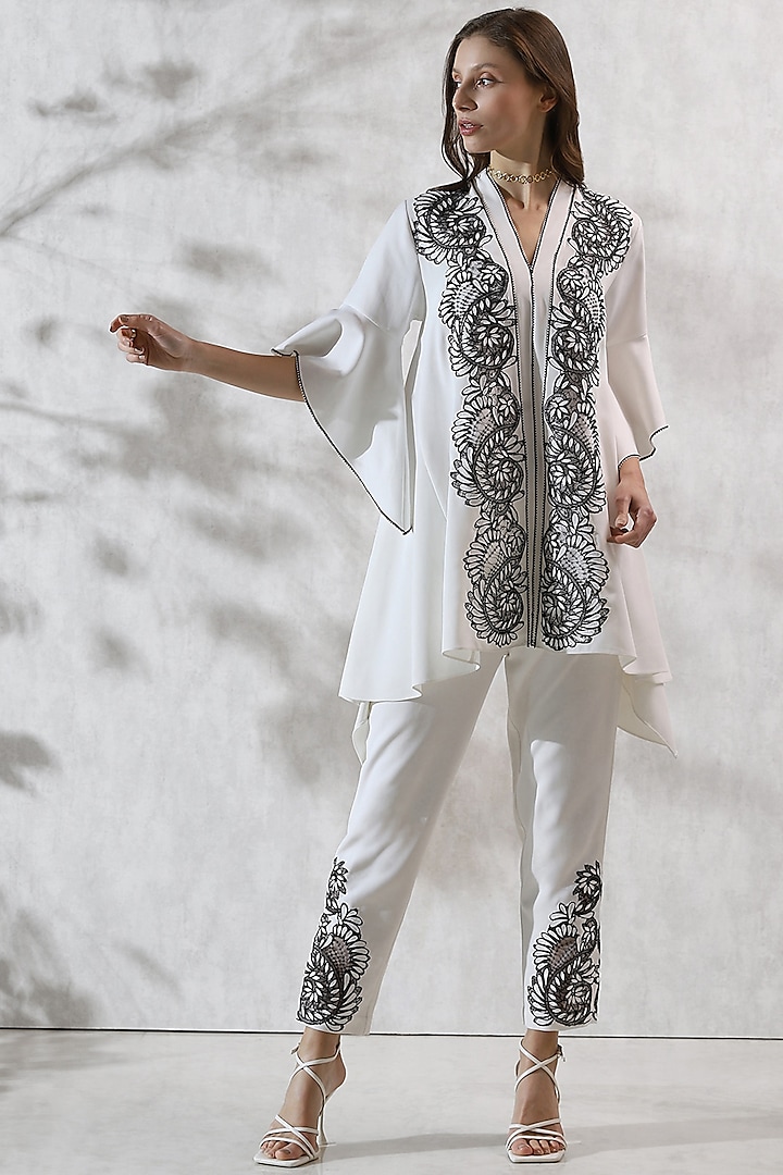 White Crepe Embroidered A-line Top by Ranna Gill