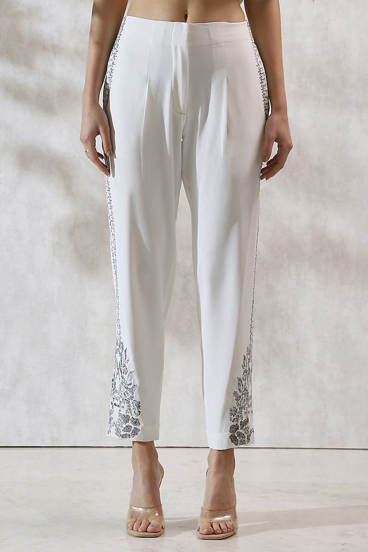 White Crepe Embroidered Straight Pants by Ranna Gill
