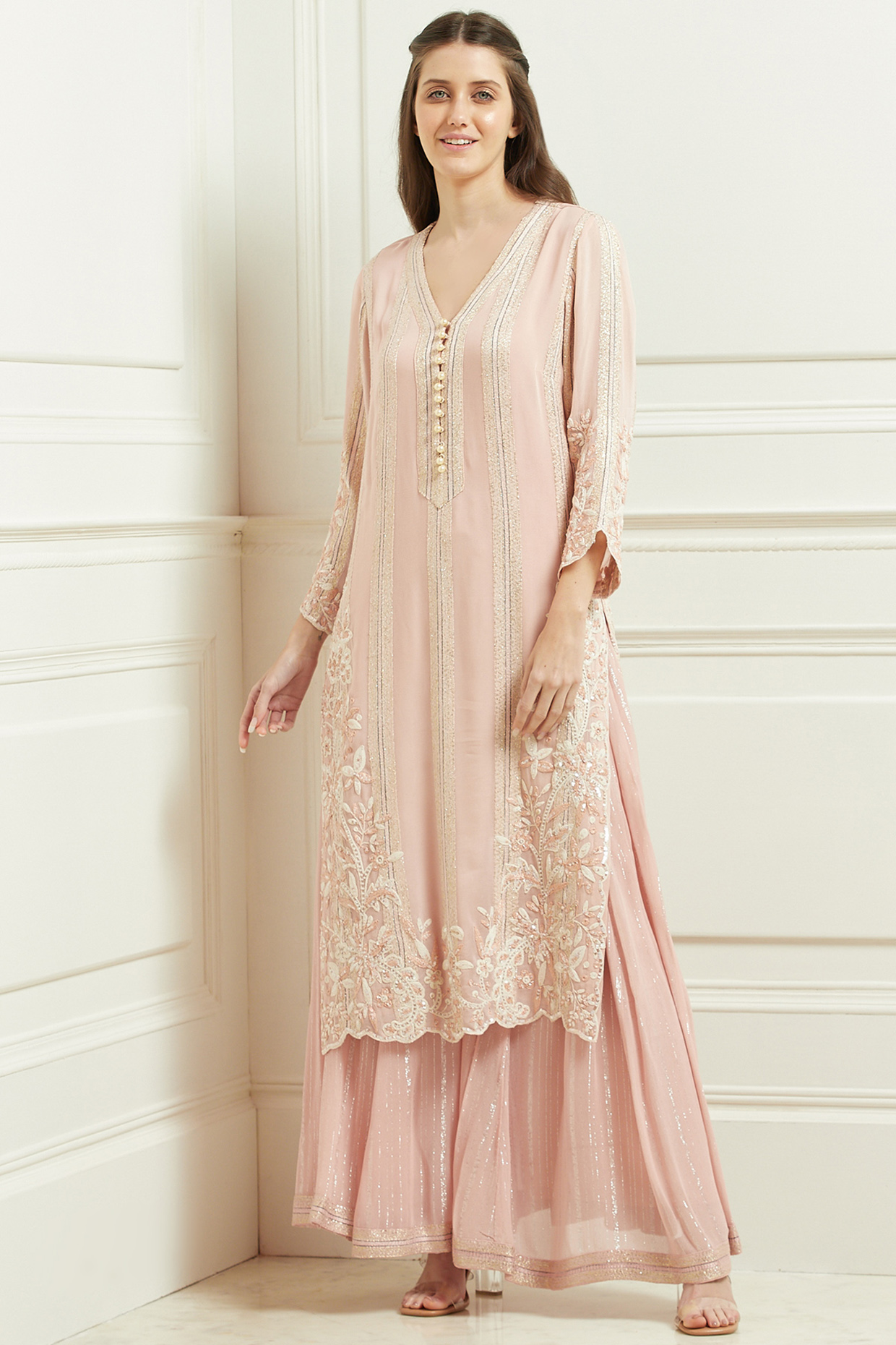 Blush Pink Viscose Georgette Tunic Set by Ranna Gill at Pernia's Pop Up Shop
