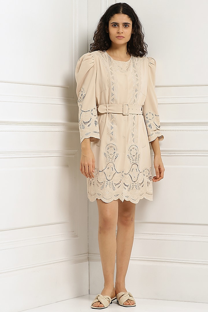 Beige Stretch Embroidered Dress by Ranna Gill