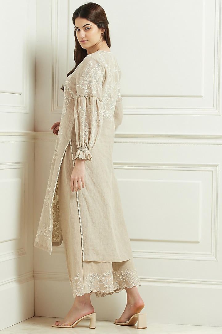 Beige Linen Kurta Set by Ranna Gill at Pernia's Pop Up Shop