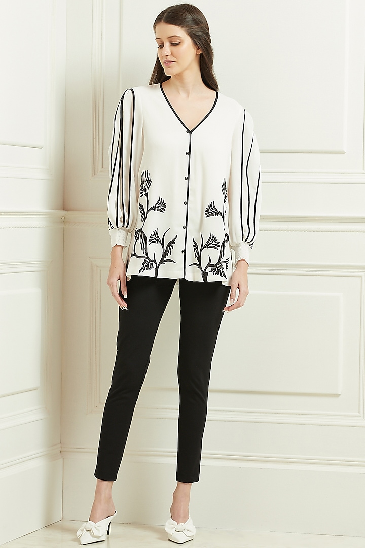 White & Black Embroidered Top by Ranna Gill