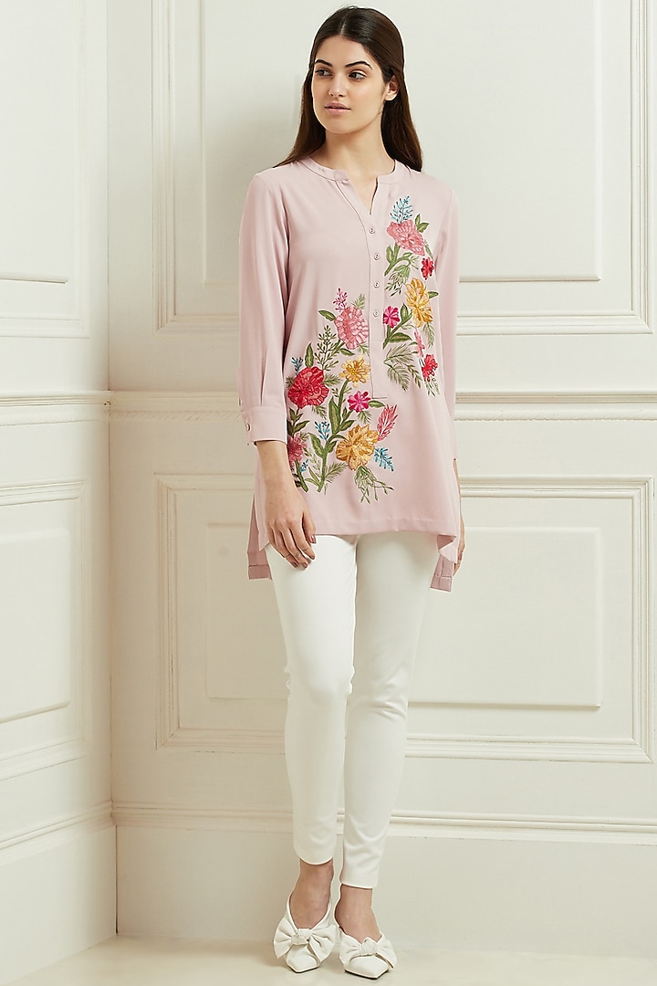 Blush Pink Crepe Embroidered Top by Ranna Gill