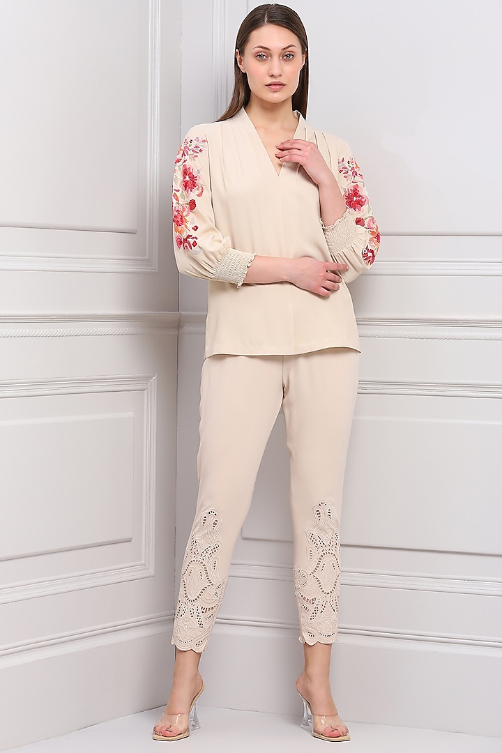 Beige Thread Embroidered Blouse by Ranna Gill