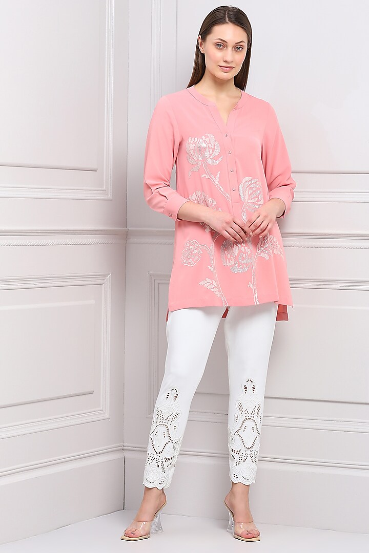 Peach Crepe Floral Embroidered Blouse by Ranna Gill
