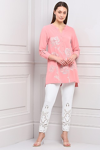 Peach Crepe Floral Embroidered Blouse by Ranna Gill