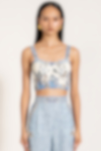 Sky Blue Viscose Linen Printed Bustier by Ranna Gill at Pernia's Pop Up Shop