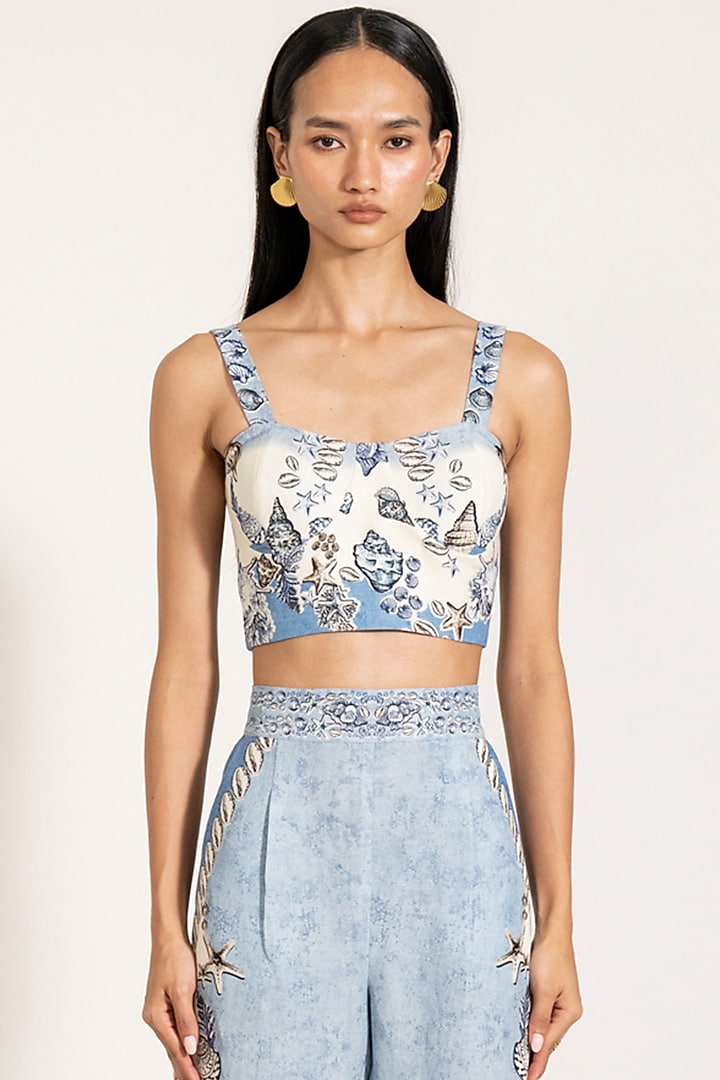 Sky Blue Viscose Linen Printed Bustier by Ranna Gill at Pernia's Pop Up Shop