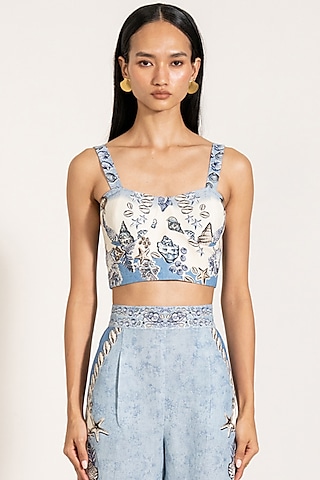 Sky Blue Viscose Linen Printed Bustier by Ranna Gill