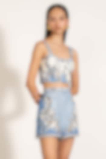 Sky Blue Viscose Linen Printed Shorts by Ranna Gill at Pernia's Pop Up Shop