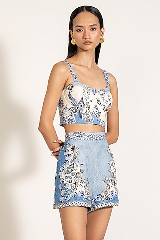 Sky Blue Viscose Linen Printed Shorts by Ranna Gill
