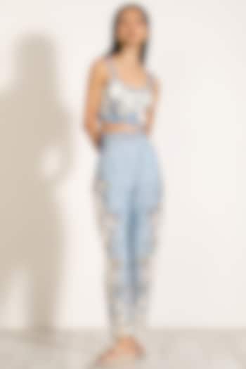 Sky Blue Viscose Linen Printed Pants by Ranna Gill at Pernia's Pop Up Shop