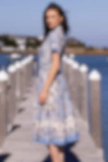 Sky Blue Viscose Linen Printed Midi Vacation Shirt Dress by Ranna Gill at Pernia's Pop Up Shop