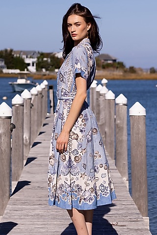 Sky Blue Viscose Linen Printed Midi Shirt Dress by Ranna Gill