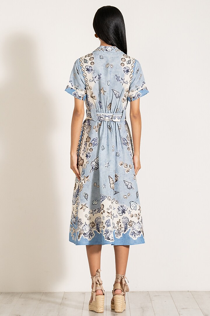 Sky Blue Viscose Linen Printed Midi Vacation Shirt Dress by Ranna Gill at Pernia's Pop Up Shop
