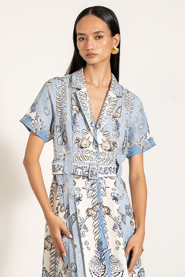 Sky Blue Viscose Linen Printed Midi Vacation Shirt Dress by Ranna Gill at Pernia's Pop Up Shop