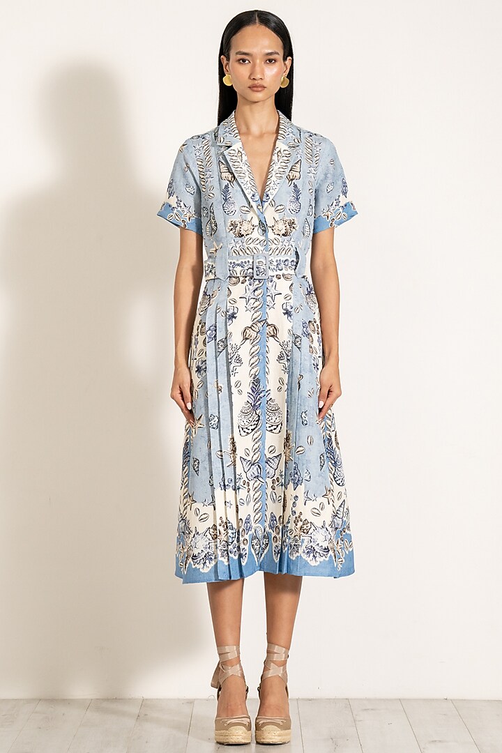 Sky Blue Viscose Linen Printed Midi Vacation Shirt Dress by Ranna Gill at Pernia's Pop Up Shop