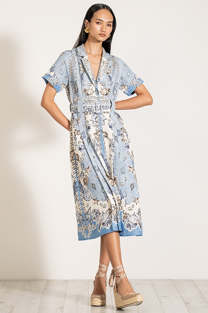 Sky Blue Viscose Linen Printed Midi Vacation Shirt Dress by Ranna Gill at Pernia's Pop Up Shop