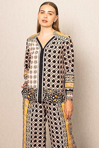 Brown Viscose Linen Printed Blouse by Ranna Gill