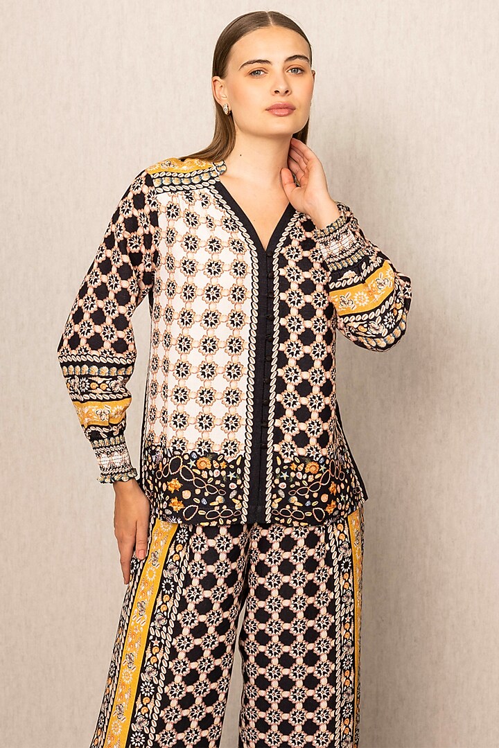 Brown Viscose Linen Printed Blouse by Ranna Gill at Pernia's Pop Up Shop