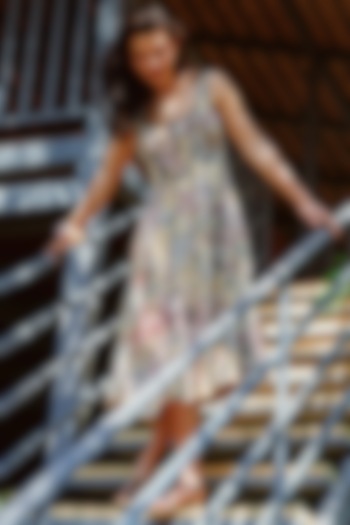 Gold Linen Viscose Blend Floral Printed Midi Vacation Dress by Ranna Gill at Pernia's Pop Up Shop