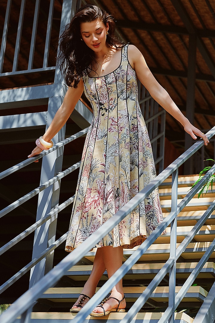 Gold Linen Viscose Blend Floral Printed Midi Vacation Dress by Ranna Gill at Pernia's Pop Up Shop