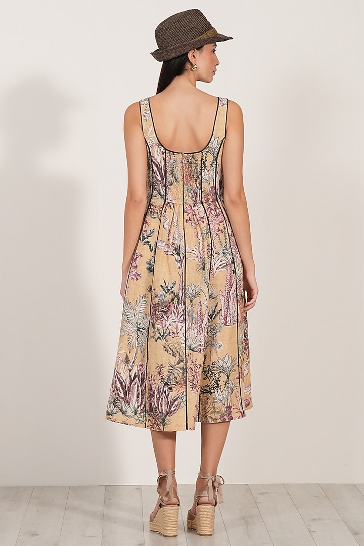 Gold Linen Viscose Blend Floral Printed Midi Vacation Dress by Ranna Gill at Pernia's Pop Up Shop