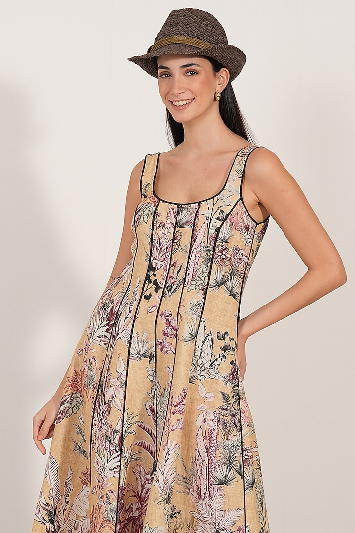 Gold Linen Viscose Blend Floral Printed Midi Vacation Dress by Ranna Gill at Pernia's Pop Up Shop