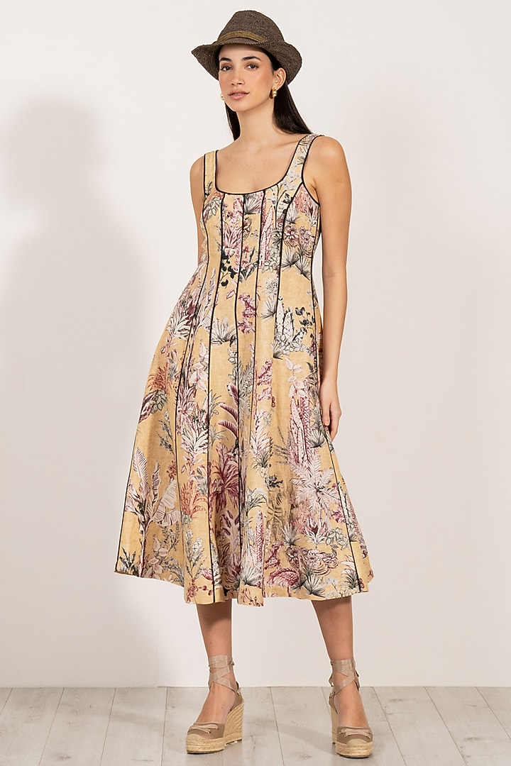 Gold Linen Viscose Blend Floral Printed Midi Vacation Dress by Ranna Gill at Pernia's Pop Up Shop