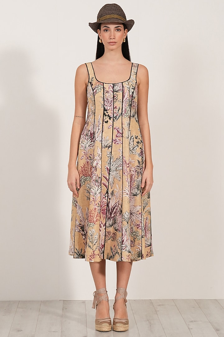Gold Linen Viscose Blend Floral Printed Midi Vacation Dress by Ranna Gill at Pernia's Pop Up Shop