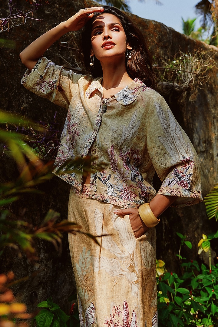 Gold Linen Viscose Printed Blouse by Ranna Gill at Pernia's Pop Up Shop