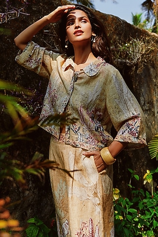 Gold Linen Viscose Printed Blouse by Ranna Gill