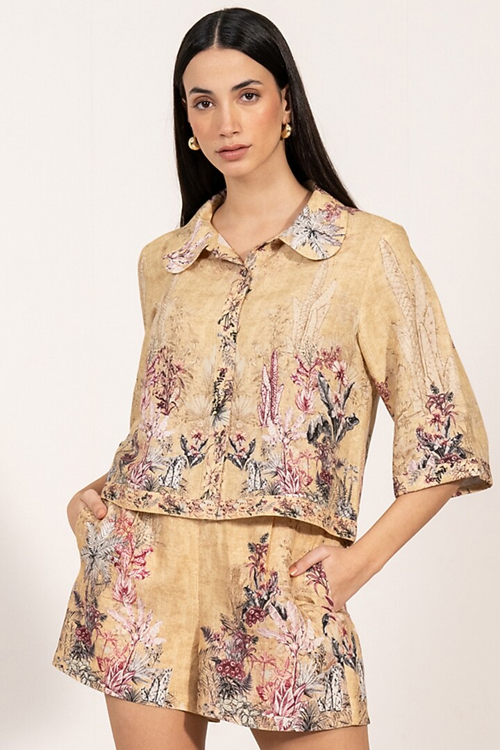 Gold Linen Viscose Printed Blouse by Ranna Gill at Pernia's Pop Up Shop