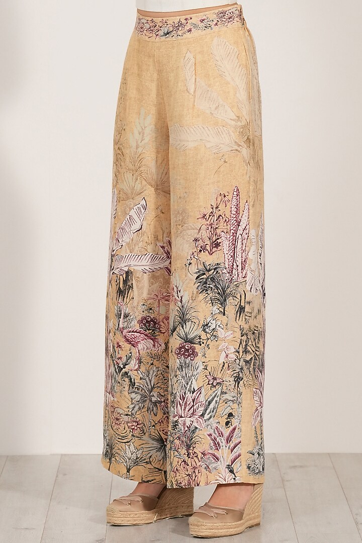 Gold Linen Viscose Printed Wide-Legged Pants by Ranna Gill at Pernia's Pop Up Shop