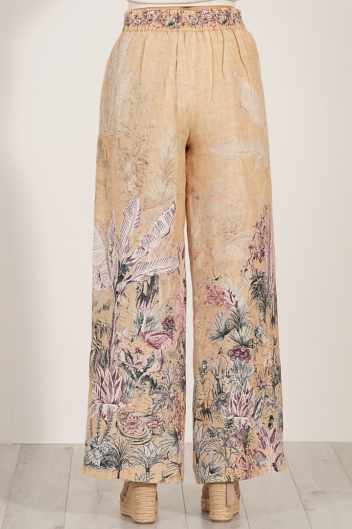 Gold Linen Viscose Printed Wide-Legged Pants by Ranna Gill at Pernia's Pop Up Shop