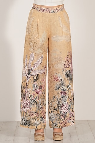 Gold Linen Viscose Printed Wide-Legged Pants by Ranna Gill