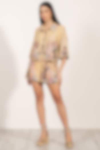 Gold Linen Viscose Printed Shorts by Ranna Gill at Pernia's Pop Up Shop