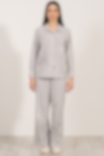 Grey Soft Cotton Striped Embroidered Shirt by Ranna Gill at Pernia's Pop Up Shop