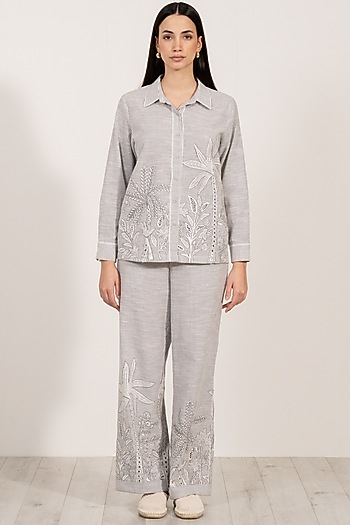Grey Soft Cotton Striped Embroidered Shirt by Ranna Gill at Pernia's Pop Up Shop