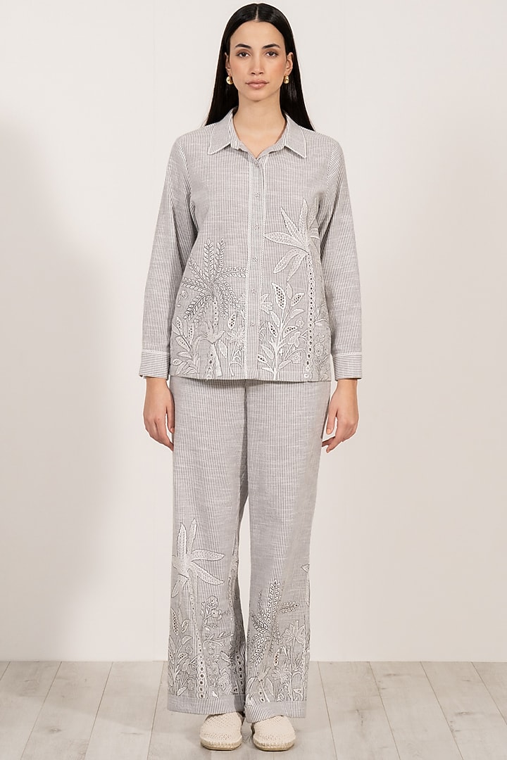 Grey Soft Cotton Striped Embroidered Shirt by Ranna Gill at Pernia's Pop Up Shop