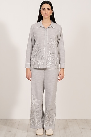 Grey Soft Cotton Striped Embroidered Shirt by Ranna Gill