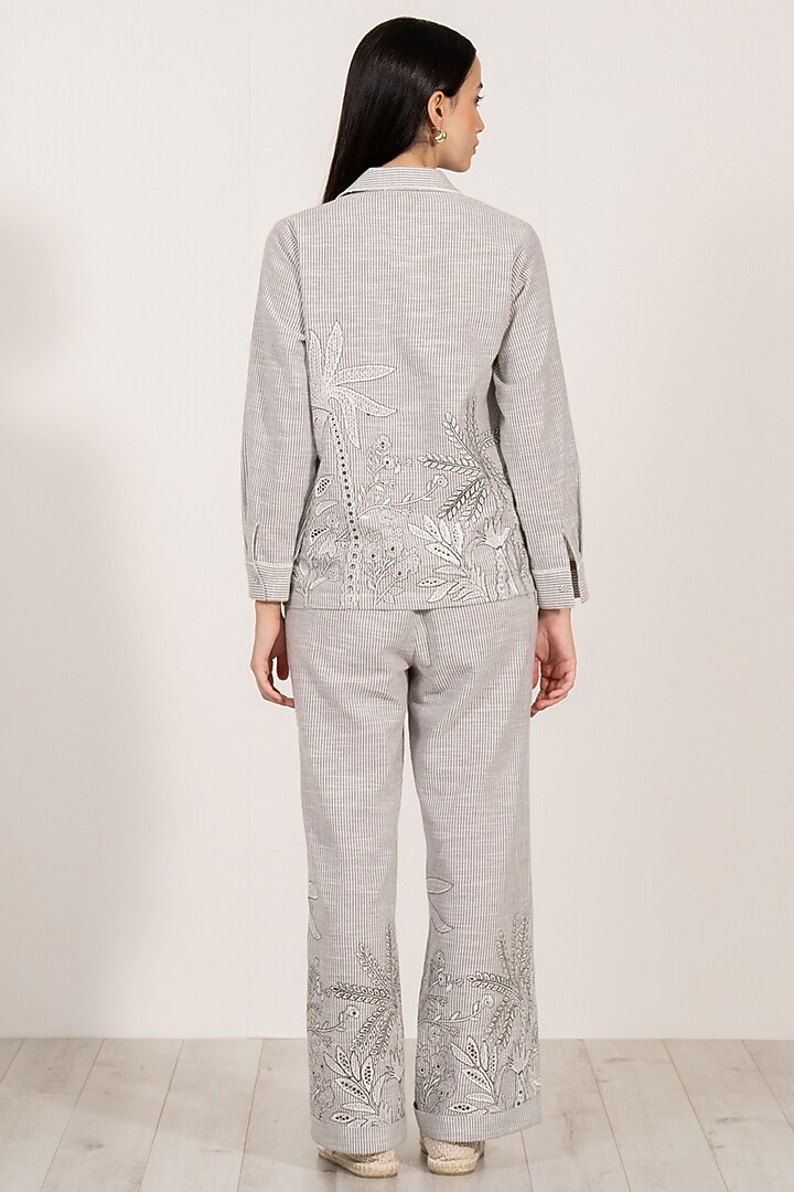 Grey Soft Cotton Striped Embroidered Shirt by Ranna Gill at Pernia's Pop Up Shop