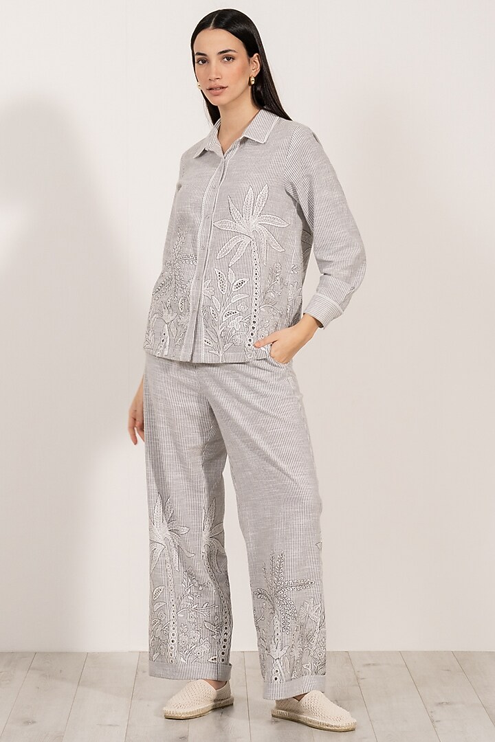 Grey Soft Cotton Striped Embroidered Shirt by Ranna Gill at Pernia's Pop Up Shop
