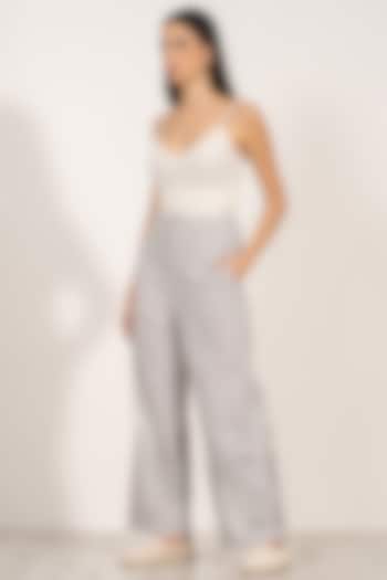 Grey Cotton Striped Embroidered Pants by Ranna Gill at Pernia's Pop Up Shop