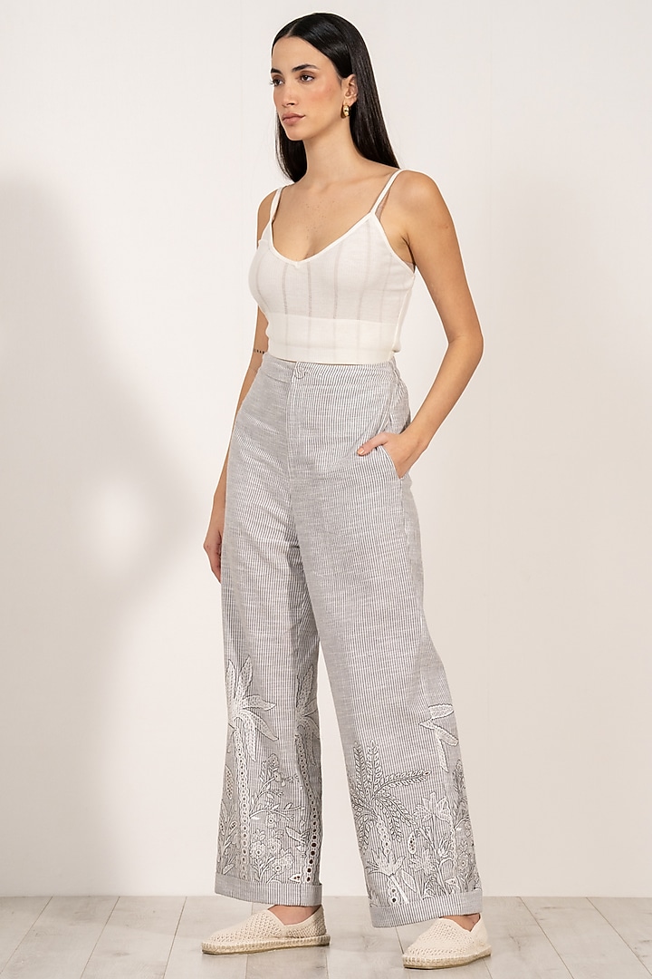 Grey Cotton Striped Embroidered Pants by Ranna Gill at Pernia's Pop Up Shop
