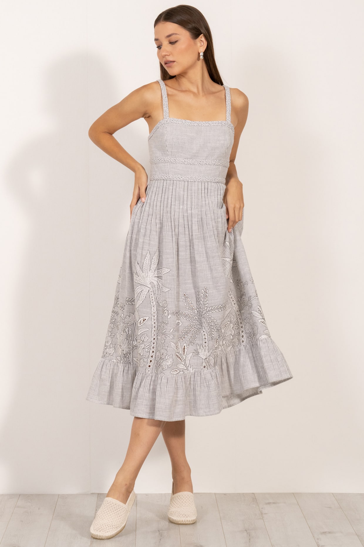 Grey Cotton Striped Embroidered Midi Vacation Dress by Ranna Gill at  Pernia's Pop Up Shop
