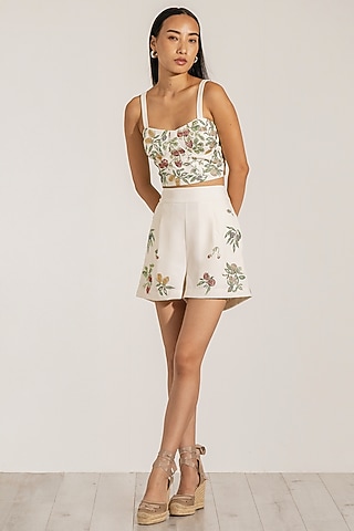 Ivory Double Crepe Embroidered Bustier by Ranna Gill