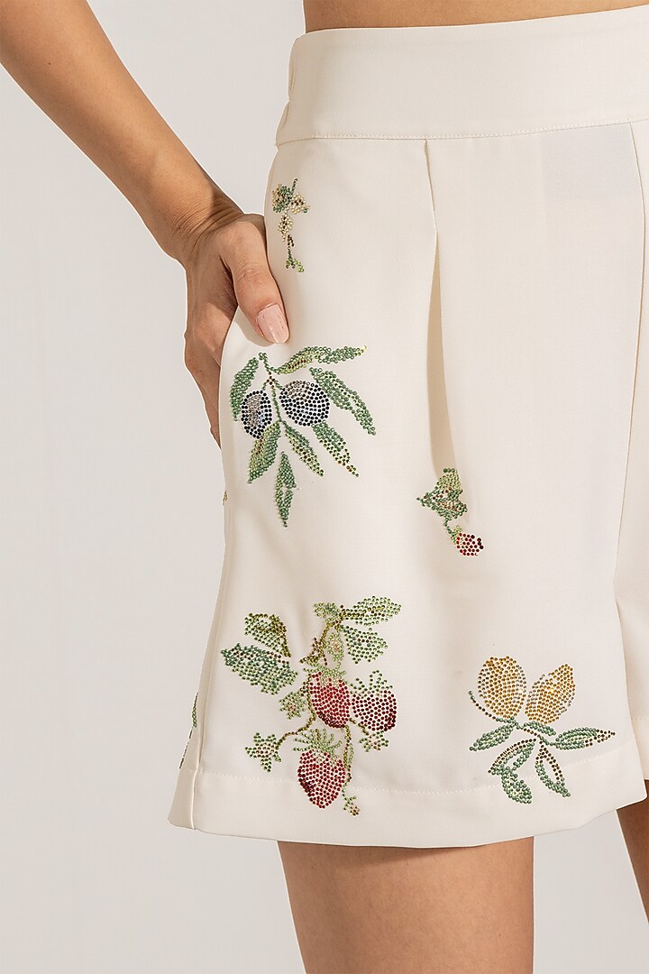 Ivory Double Crepe Embroidered Shorts by Ranna Gill at Pernia's Pop Up Shop