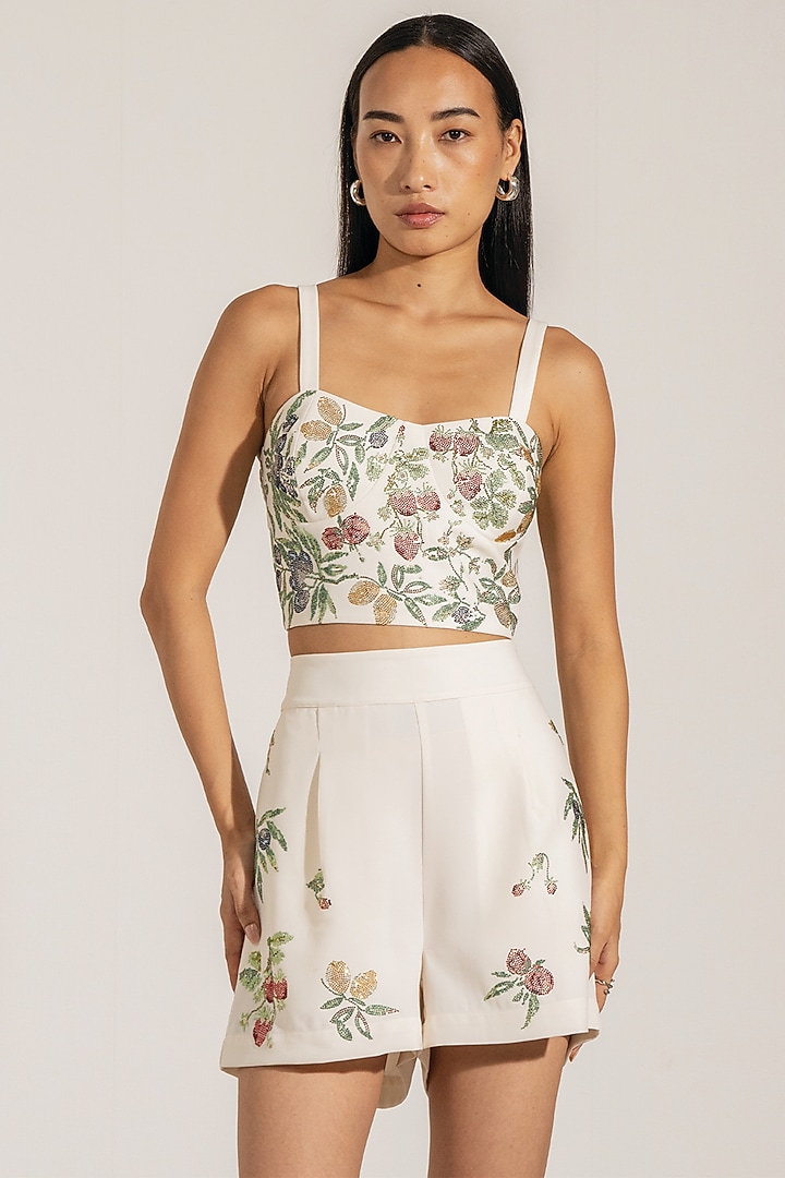 Ivory Double Crepe Embroidered Shorts by Ranna Gill at Pernia's Pop Up Shop